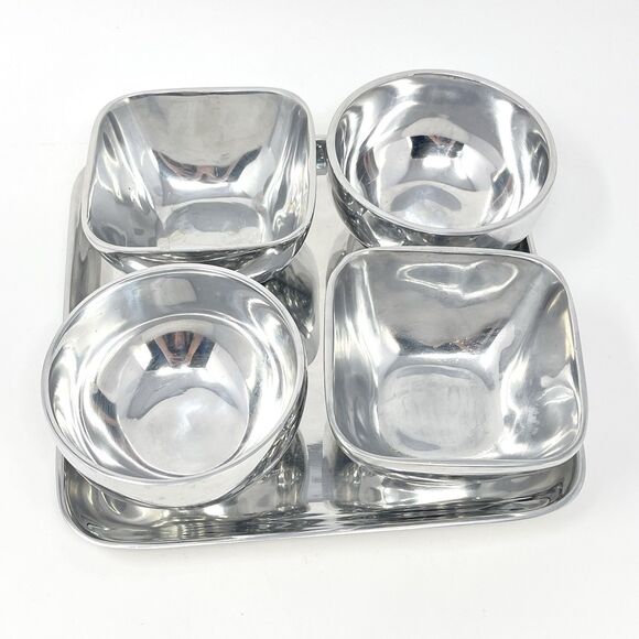 Pottery Barn Barona Condiment Snack Tray Bowls Square Silver Aluminum Party Set - Picture 1 of 5